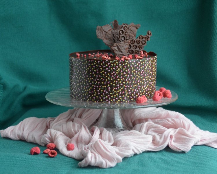 Málna-csoki mousse torta mintás csokigallérral, segítsüti licitre